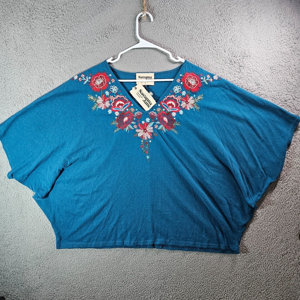 NEW Savanna Jane Poncho Top Women Large Floral‎ Embroidered Teal Blue Stretch